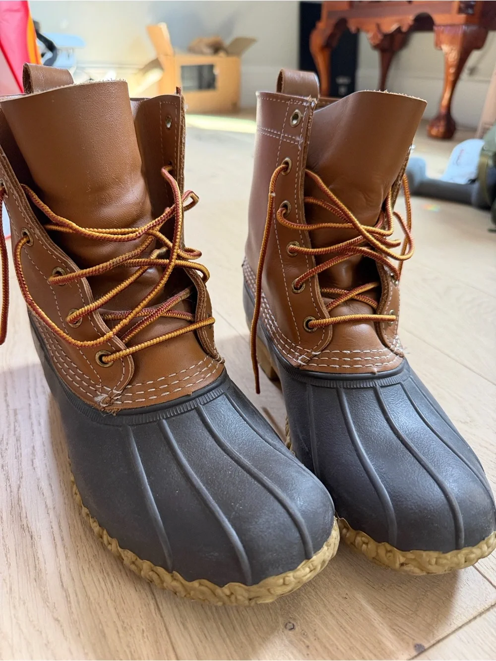 L.L. Bean Brown Leather and Dark Gray/Brown Rubber Duck Boots